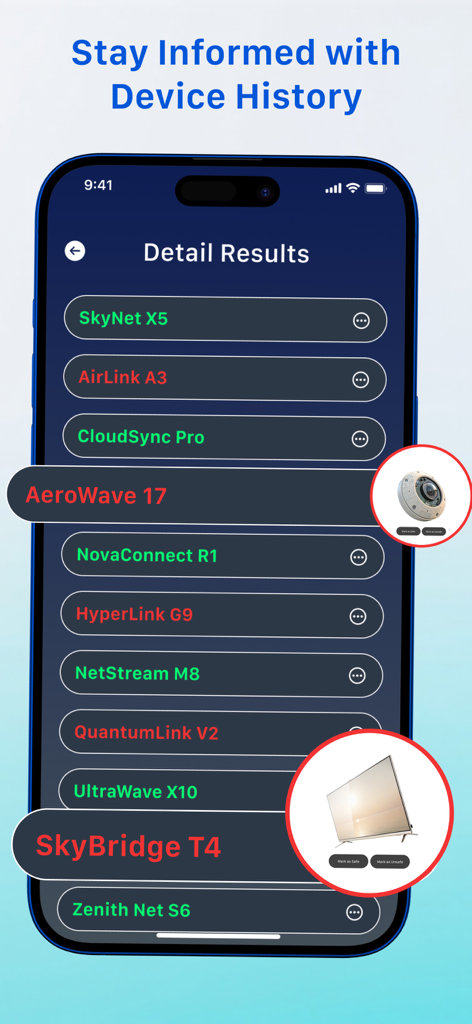 Spy Device Detector - CamOk - Interfaz de la aplicación CamOk mostrando una lista de dispositivos detectados e historial de escaneo.