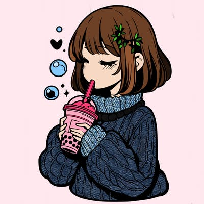 manga girl drinking boba in cozy sweater