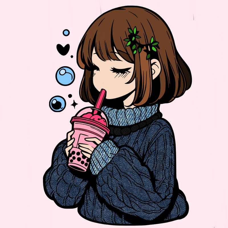 manga girl drinking boba in cozy sweater