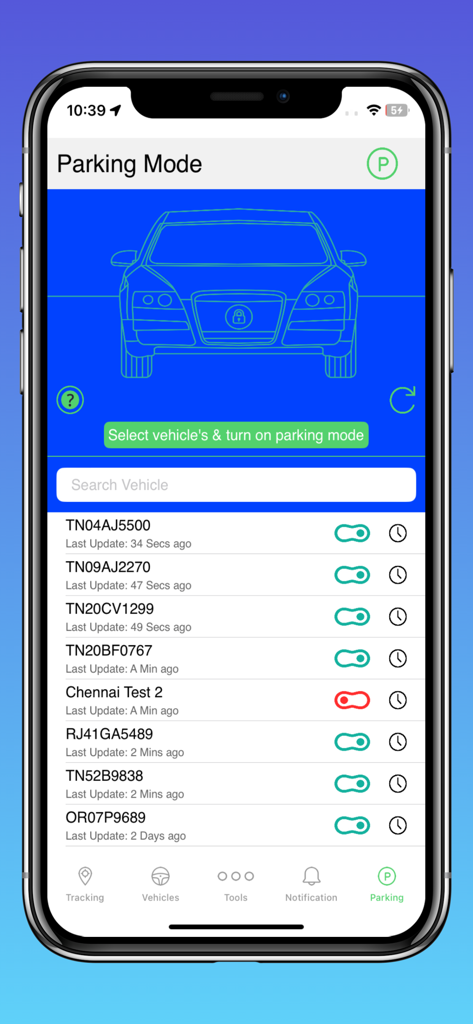 Gro Fleet - Screenshot of the Gro Fleet app Parking Mode screen showing a list of fleet vehicles with toggle switches to enable security monitoring.