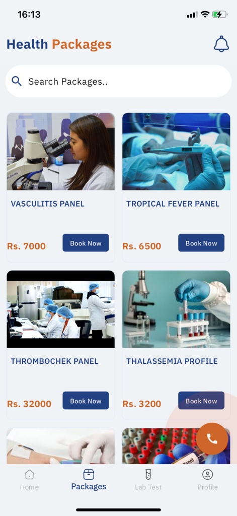 National Path Lab - The National Path Lab app interface displaying various medical health packages and test profiles with pricing and booking options.