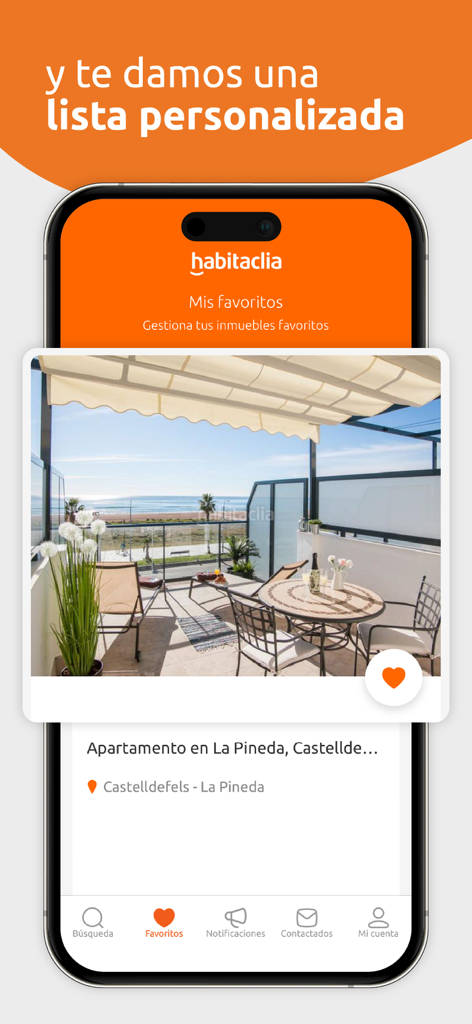 Habitaclia Portal Inmobiliario - Écran de l'application Habitaclia montrant une annonce de propriété sauvegardée avec une terrasse donnant sur la mer Méditerranée