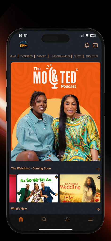 EbonyLife ON Plus app interface showing African movies and lifestyle podcasts