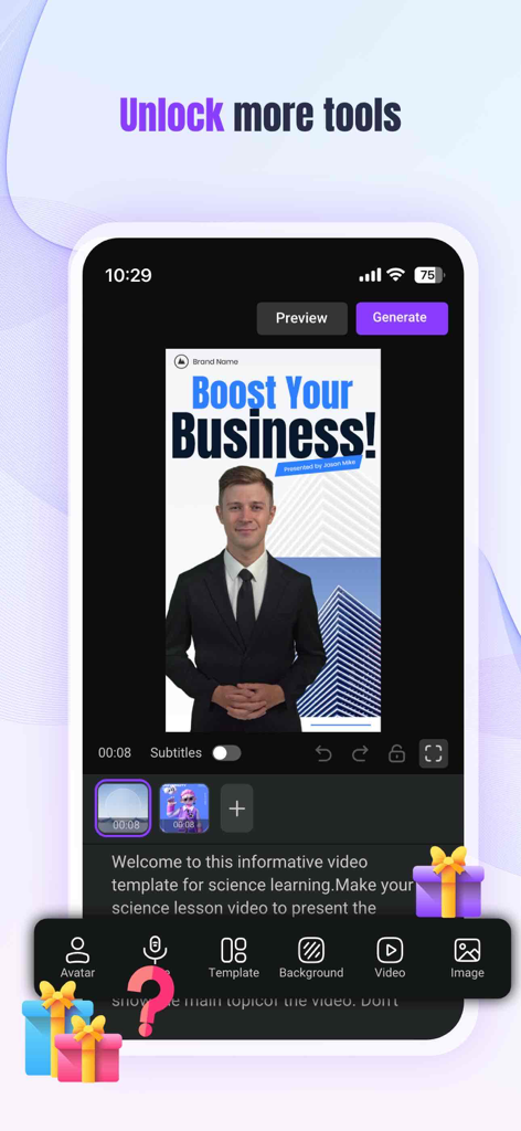 Vidnoz AI app interface showing an AI avatar on a business video template with various editing tools