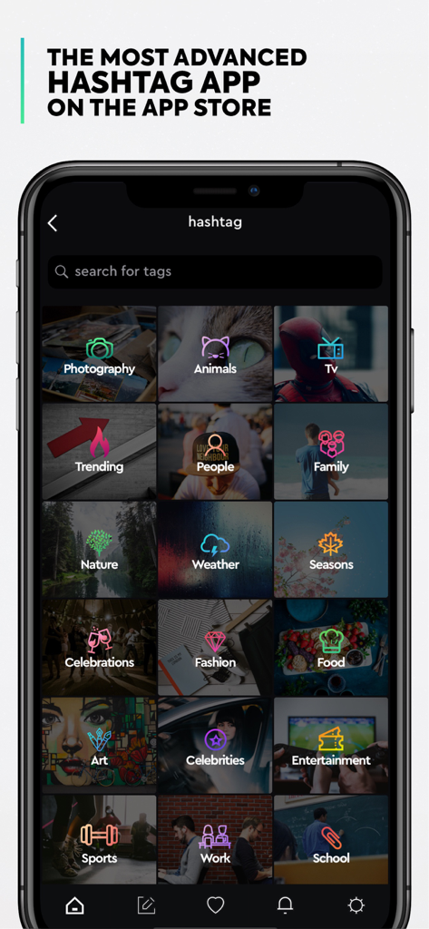 Hashtag Generator - Tage App - A mobile screen showing the Tage app's hashtag categories like Photography, Trending, and Nature for social media optimization.