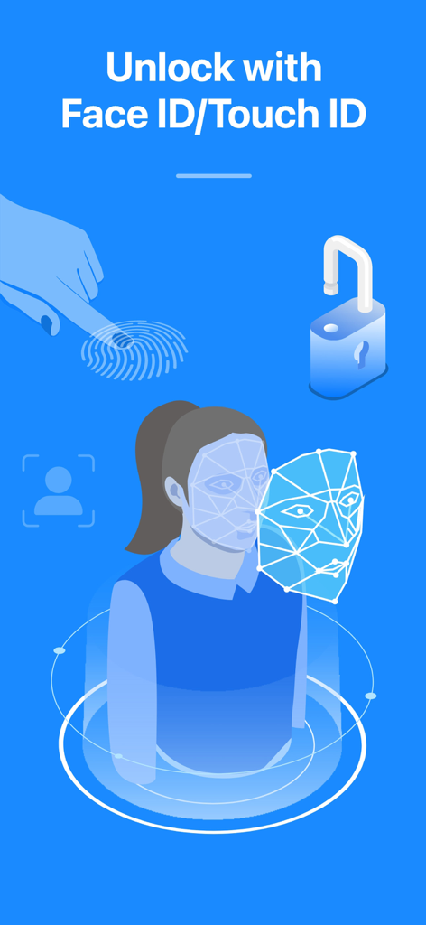 Password Manager ® - Grafik, die die biometrische Authentifizierung per Face ID und Touch ID zum Entsperren des Passwort-Tresors zeigt.