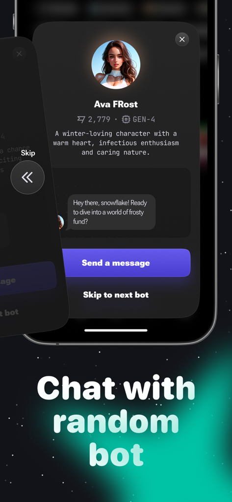 Interface of Matcha app displaying an AI character profile card with options to send a message or skip to another bot