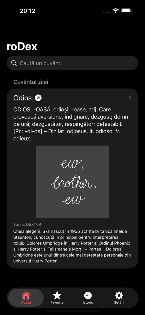 Interfaz de la aplicación de diccionario rumano roDex en modo oscuro mostrando la palabra del día Odios con su definición.