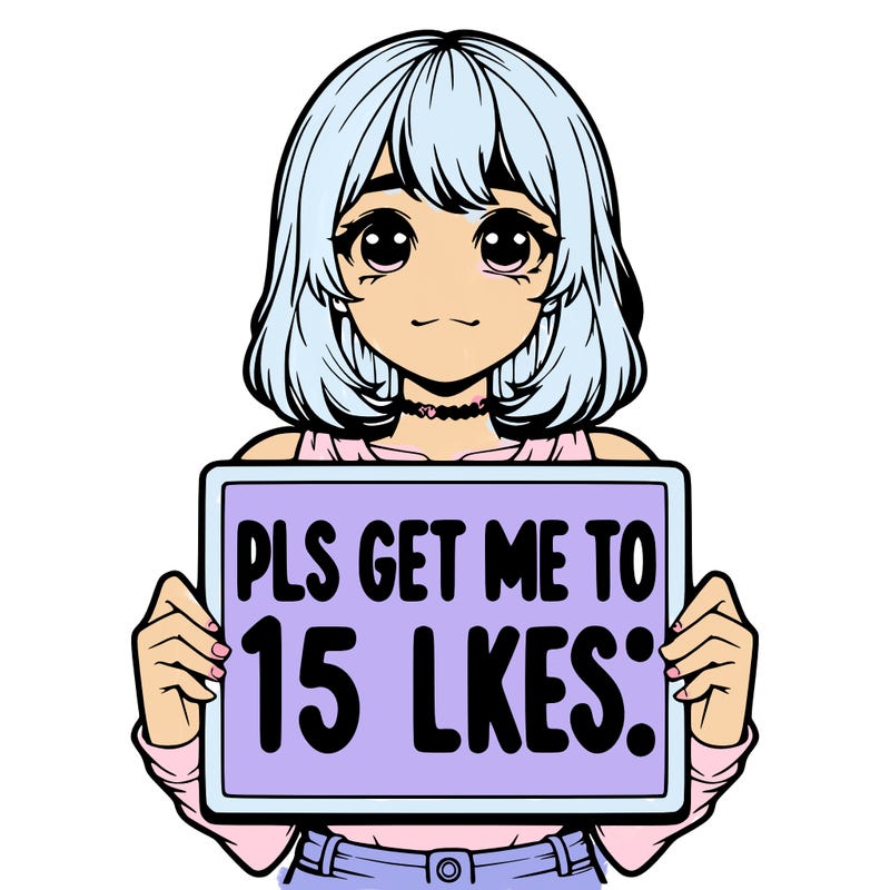 realistic girl holding up a sign that says “pls get me to 15 likes!”