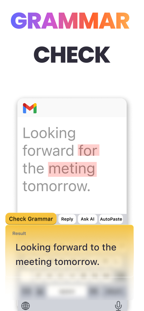 AI Keyboard: KeyAI - Teclado móvil KeyAI corrigiendo gramática y ortografía en un borrador de Gmail