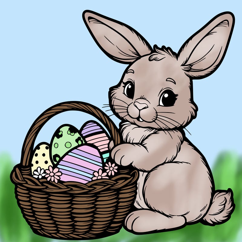 easter bunny with a basket with eggs realistic