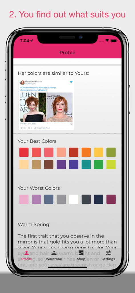 Écran d'analyse des couleurs personnelles dans l'application Your Stylist montrant les meilleures couleurs pour le type Printemps Chaud
