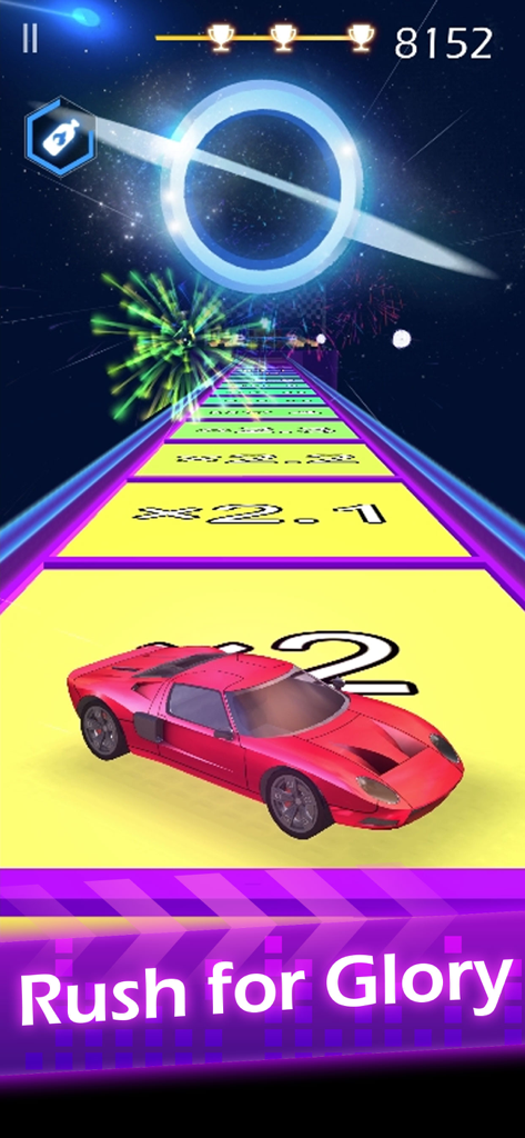 Beat Racing - Um carro esportivo vermelho correndo em uma pista neon amarela no espaço com multiplicadores de pontuação de ritmo.