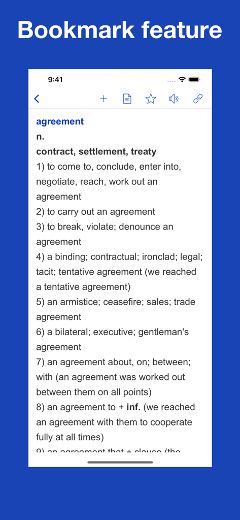 Screenshot der App Mastering English Collocation, der einen Wörterbucheintrag für das Wort 'agreement' und die Lesezeichenfunktion anzeigt.