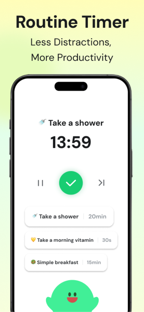 MyRoutine app interface displaying a countdown timer for a daily task with a list of upcoming routine items like vitamins and breakfast.