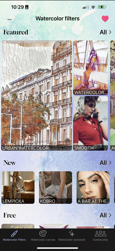 Interfaz de la aplicación Aquarelle que muestra filtros de fotos de acuarela destacados y nuevos