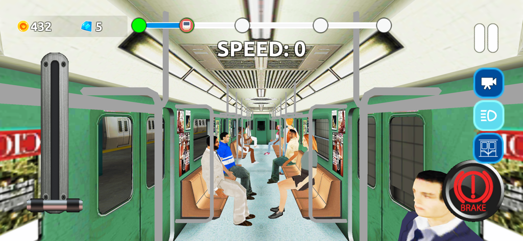 승객과 시뮬레이션 제어 장치가 있는 지하철 열차 내부를 보여주는 게임 플레이 스크린샷