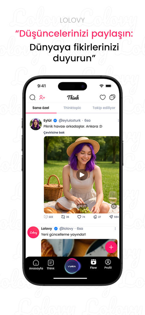 Lolovy - Lolovy mobile app interface showing the Think feed with a user post and social interaction buttons.