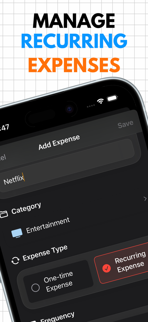 A mobile app screen for adding a recurring Netflix subscription expense in dark mode.