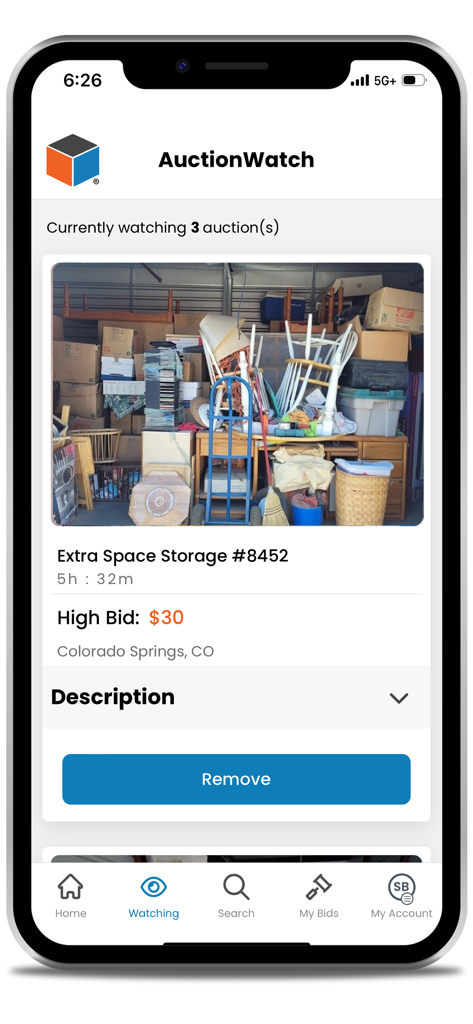 Mobile app screen showing the AuctionWatch list with a storage unit unit for bid in Colorado Springs.