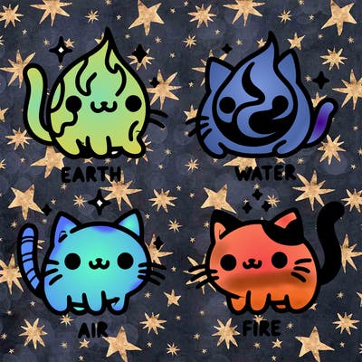 4 cats that represent the different elements, earth, water, air, and fire