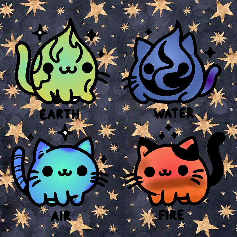 4 cats that represent the different elements, earth, water, air, and fire