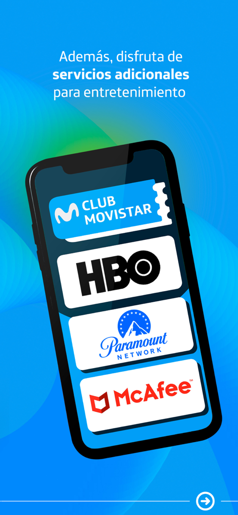Smartphone screen showing entertainment services and partners in the Movistar MX app including HBO, Paramount Network, and McAfee.