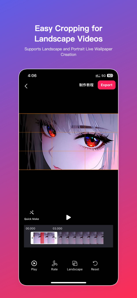 Live - LivePhoto maker - Interfaz de la aplicación Live Photo maker que muestra el recorte de video horizontal para un fondo de pantalla de anime