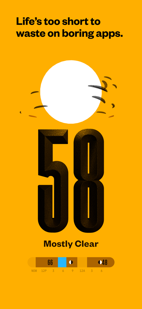 Not Boring Weather app display showing a bold 3D temperature reading on a vibrant yellow background.