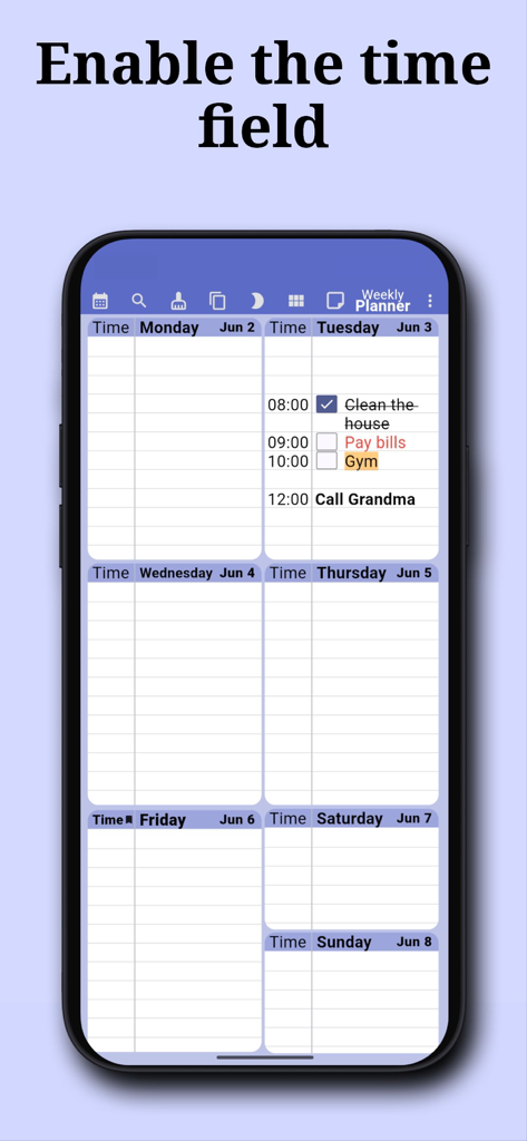 Weekly Planner: To-Do & Tasks - Una captura de pantalla de la aplicación Weekly Planner que muestra un horario semanal con franjas horarias para tareas diarias.