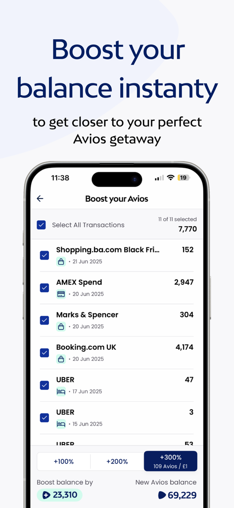 Avios: Shop, Collect & Travel - Aviosアプリのモバイル画面で、取引リストと合計ポイント残高を増やすオプションが表示されています。