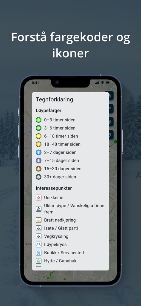 Skiappen - A mobile app screen showing a map legend for ski trail grooming status and interest point icons.