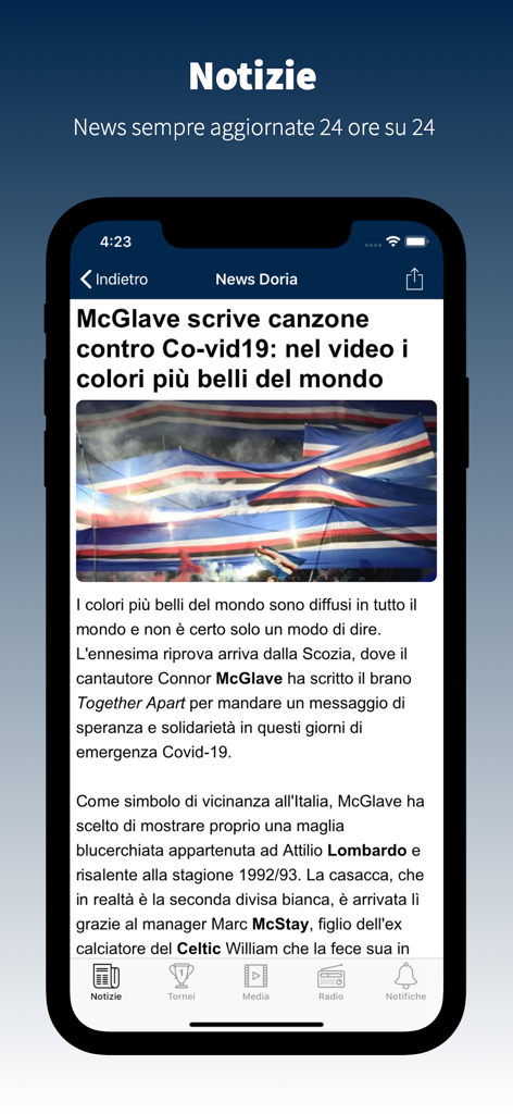 SampdoriaNews.net - Schermata di uno smartphone che mostra un articolo di notizie sull'app SampdoriaNews con la foto di una bandiera dei tifosi blucerchiati.