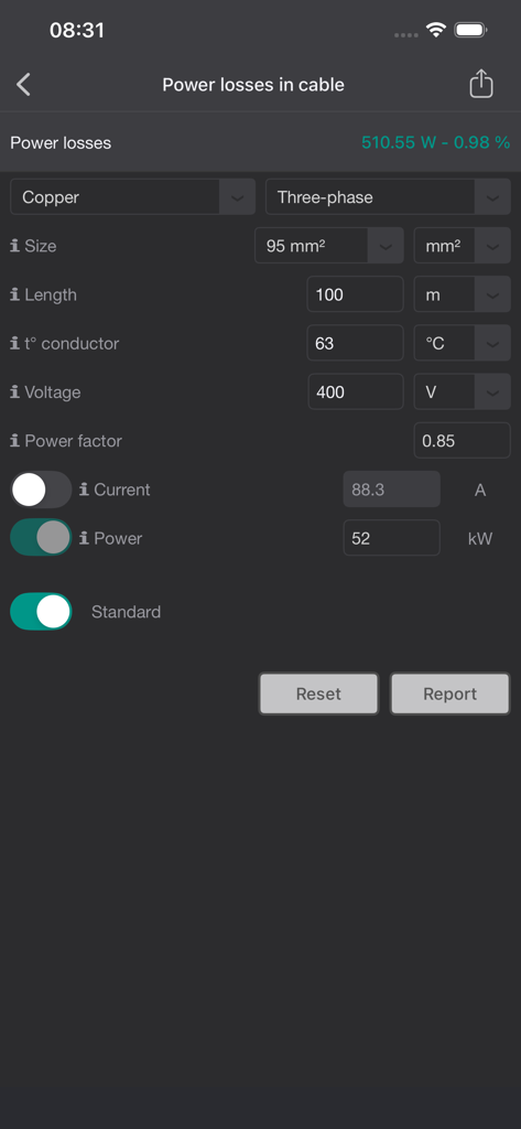 Mobile Electrician app interface showing a three phase cable power loss calculator