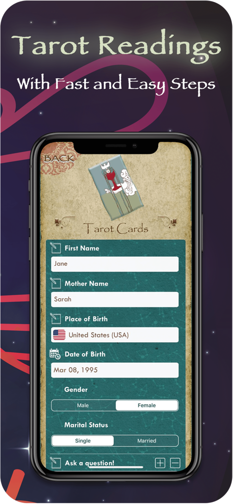 Basirly - Coffee Tarot reading - User interface of the Basirly app for requesting a tarot reading with personal detail fields
