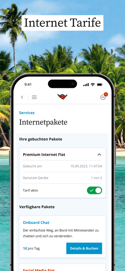 AIDA Cruises mobile app interface showing internet package options and subscription status over a tropical beach background