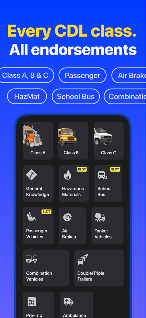 CDL Prep Practice Test Genie - CDL Prep app screen displaying various training modules for CDL classes and endorsements including Class A, B, C, HazMat, and ELDT certifications.