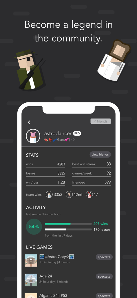 Mafia Mystery - Mafia Mystery app player profile screen showing game statistics and live games.