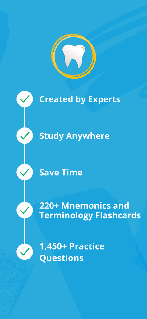 Features list for the Dental Hygiene Mastery app including practice questions and mnemonics