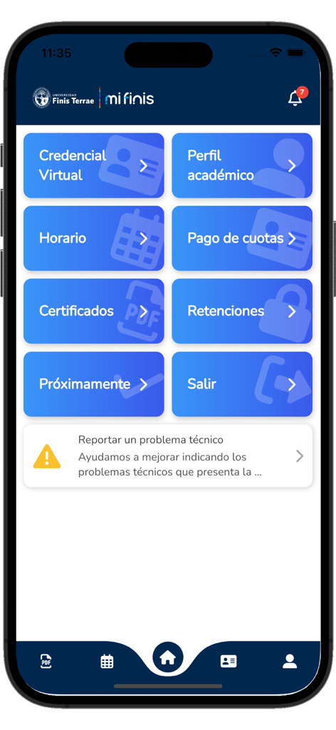 Mi Finis - Main dashboard of the Mi Finis student portal app featuring options for virtual ID, schedules, and academic records.