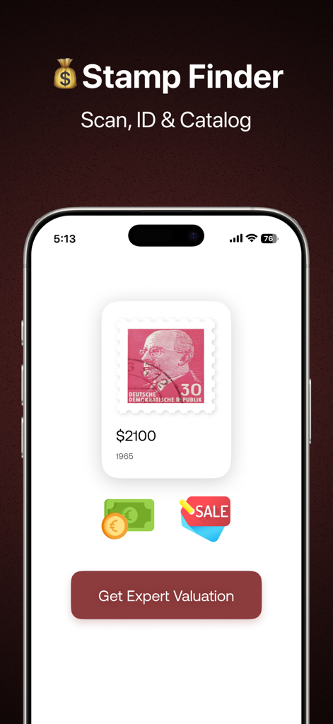 Stamp Value Identifier AI - 切手識別と価値査定を示すStamp Finderアプリの画面