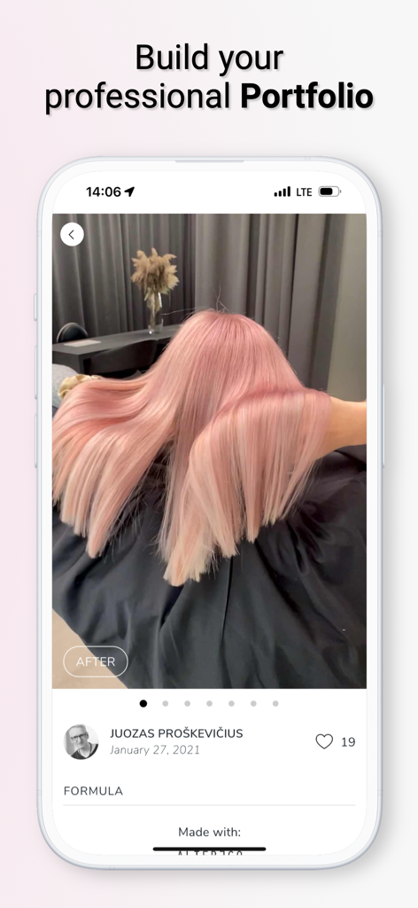 Charm: Save Formulas & Clients - A smartphone screen displaying a hair stylist's professional portfolio with a high quality photo of a pink hair color transformation