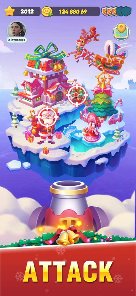 A Christmas-themed island attack in Piggy GO featuring Santa and a cannon