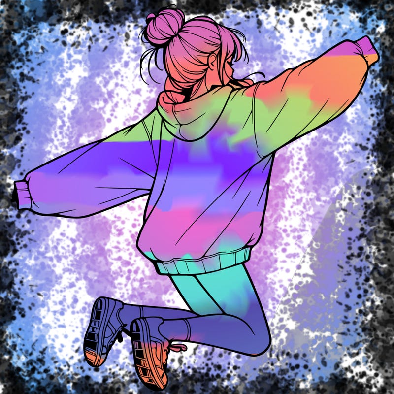realistic girl jumping with a bun and oversized sweatshirt