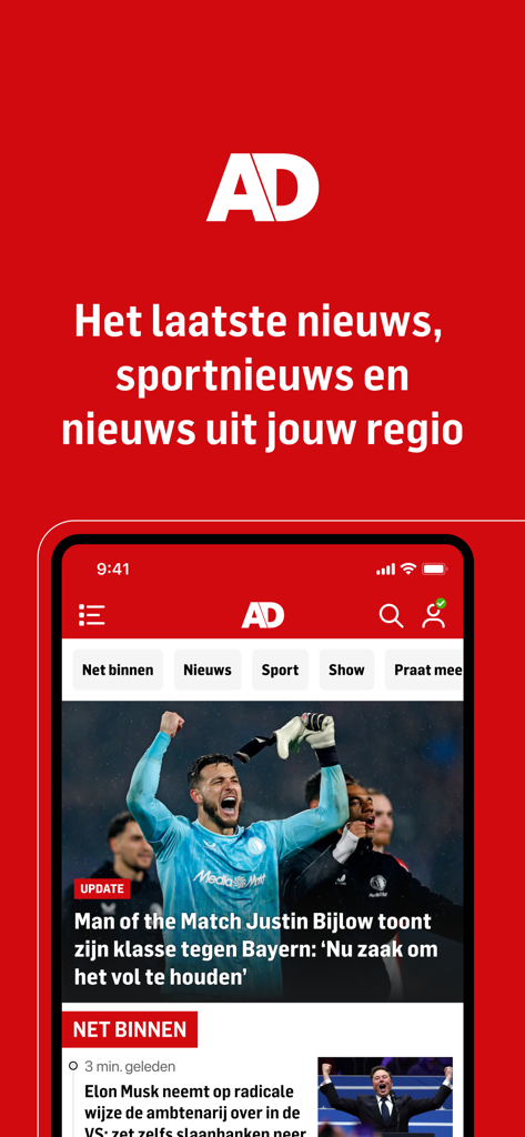 Capture d'écran de l'écran d'accueil de l'application d'actualités AD montrant des articles néerlandais et des nouvelles sportives