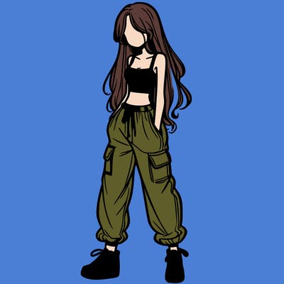 girl in baggy pants crop top and long hair