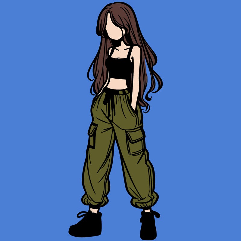 girl in baggy pants crop top and long hair