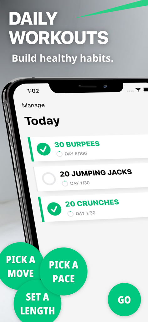 30 Day Fitness Workout at Home - Daily workout tracker screen showing exercise progress for burpees and jumping jacks