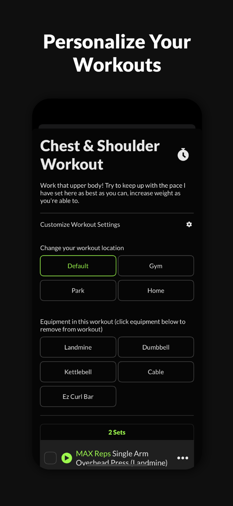 MyCoach Ai - A screenshot of the MyCoach Ai app interface showing options to personalize workouts by choosing locations like gym or home and selecting available equipment