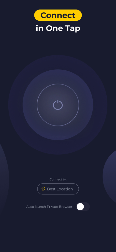 CyberGhost VPN app interface showing a large power button for one tap connection and best location selector